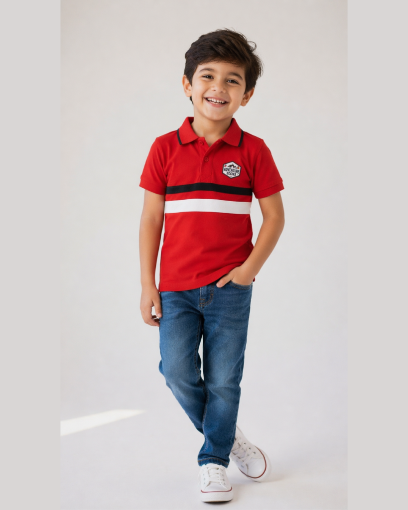 Red Polo Shirt with Embroidered Patch – Soft Cotton Casual Wear for Boys (9/12 months to 10/11 years)
