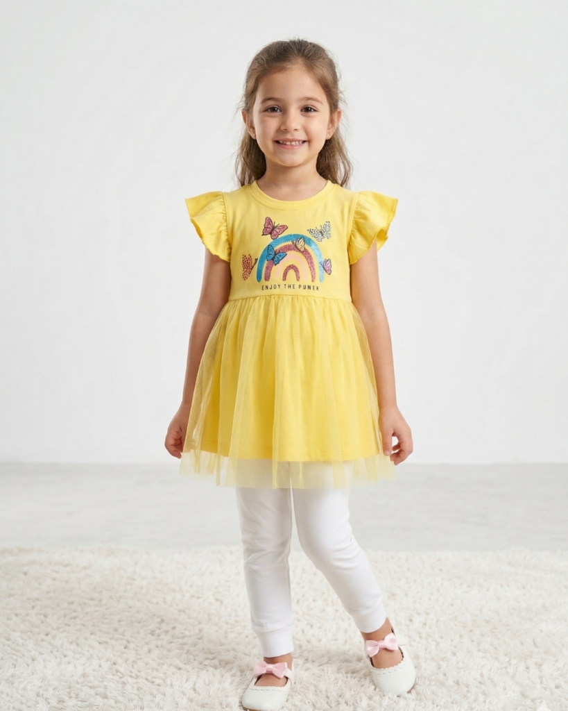 Sunshine Sparkle Net Frock for Girls – Full Length Party Dress