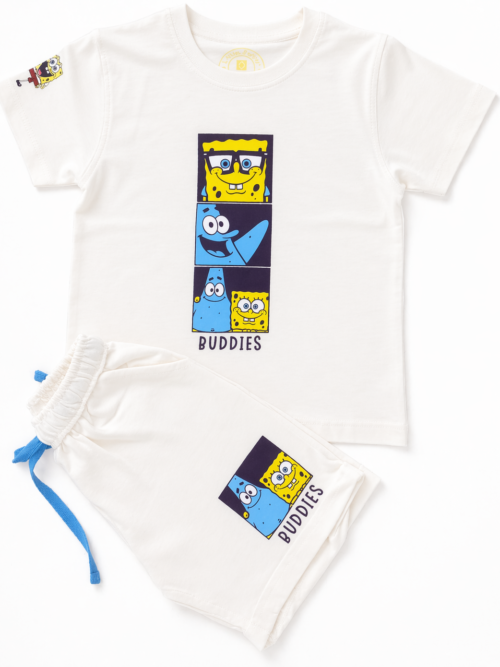 White kids cotton t-shirt and shorts set with cartoon buddies print summer outfit for toddlers