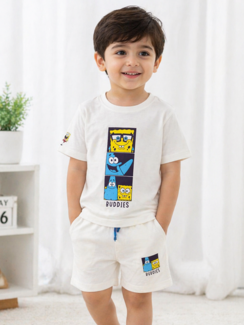 White kids cotton t-shirt and shorts set with cartoon buddies print summer outfit for toddlers