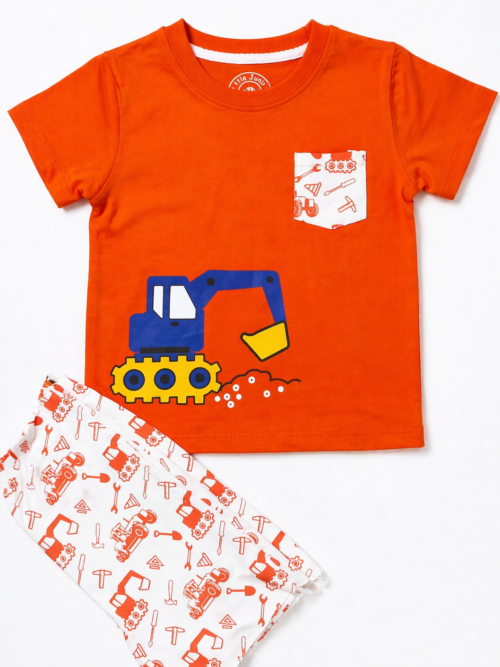 Orange kids t-shirt with excavator print and white construction themed shorts cotton summer set for toddlers