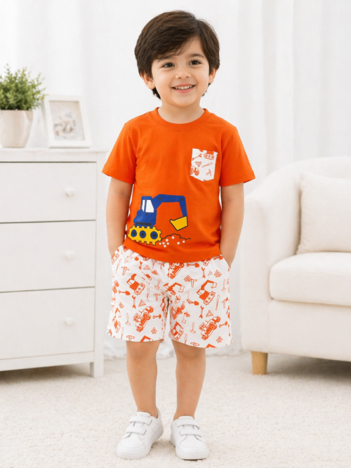 Orange kids t-shirt with excavator print and white construction themed shorts cotton summer set for toddlers