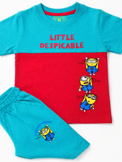 Kids turquoise and red Minions printed cotton t-shirt with matching shorts summer outfit for toddlers