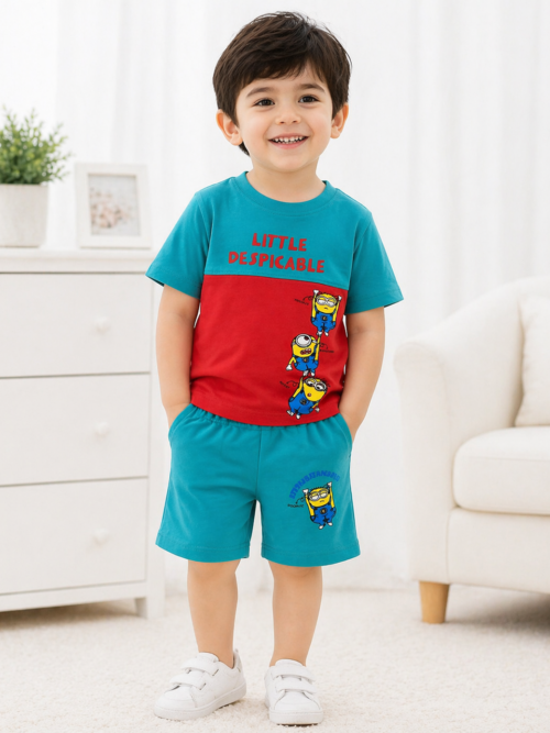 Kids turquoise and red Minions printed cotton t-shirt with matching shorts summer outfit for toddlers