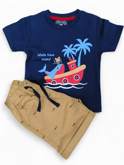 Kids navy blue whale print t-shirt with beige shorts set, boys summer outfit soft cotton Pakistan