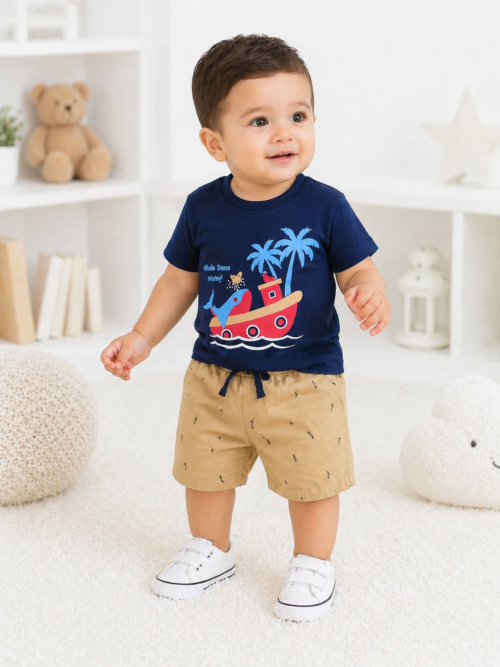 Kids navy blue whale print t-shirt with beige shorts set, boys summer outfit soft cotton Pakistan