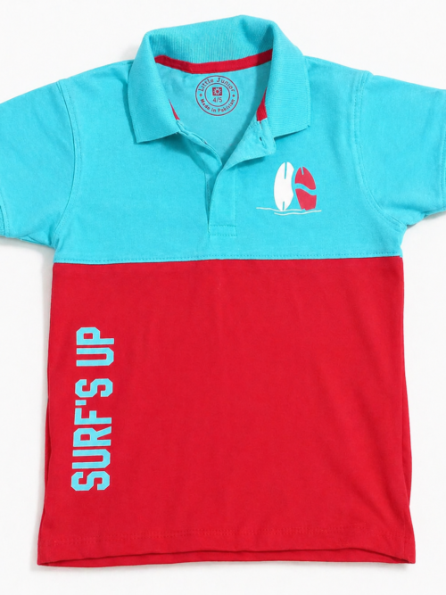 Kids aqua blue and red color block polo shirt with Surf’s Up print, soft cotton boys casual wear Pakistan
