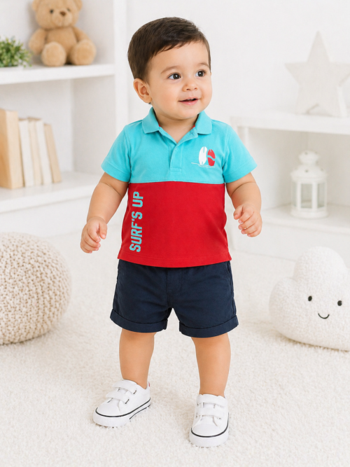 Kids aqua blue and red color block polo shirt with Surf’s Up print, soft cotton boys casual wear Pakistan