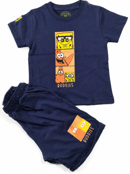 Kids navy blue cartoon buddies t-shirt and shorts set, boys summer outfit cotton comfortable kidswear Pakistan