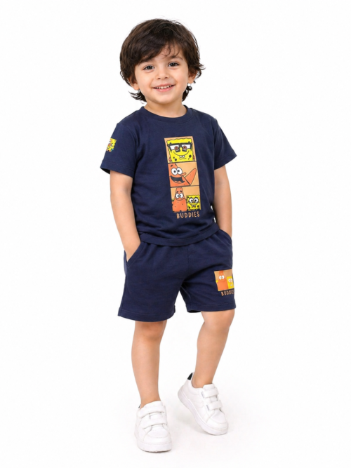 Kids navy blue cartoon buddies t-shirt and shorts set, boys summer outfit cotton comfortable kidswear Pakistan