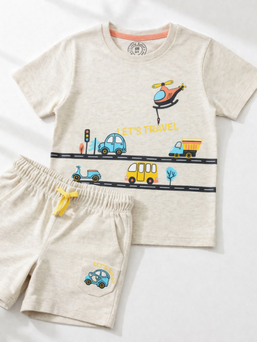 Beige kids cotton t-shirt and shorts set with cars helicopter and road print summer outfit