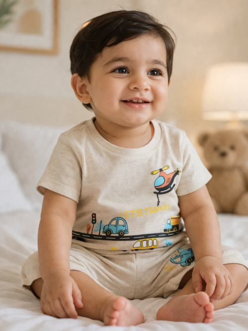 Beige kids cotton t-shirt and shorts set with cars helicopter and road print summer outfit