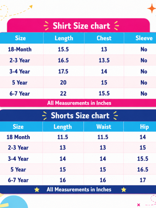 Bachaa Squad kids shirt and shorts size chart Pakistan showing sizes from 18 months to 6-7 years with detailed length, chest, waist and hip measurements in inches