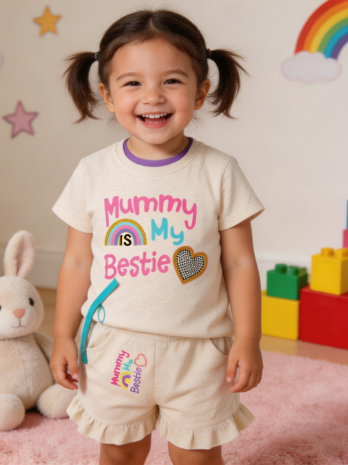 Cream color girls cotton t-shirt and shorts set with mummy my bestie rainbow print for toddlers