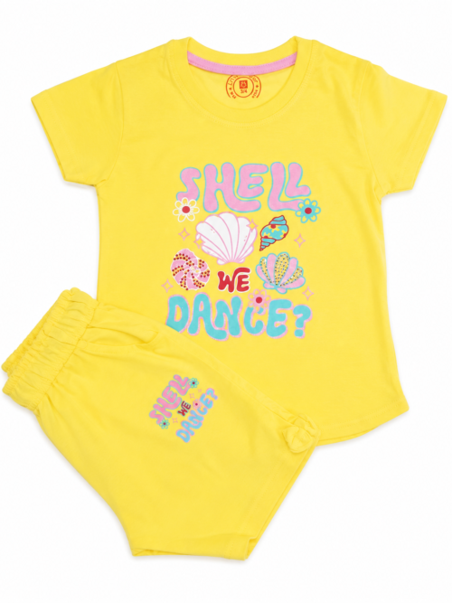 Yellow girls cotton summer t-shirt and shorts set with Shell We Dance print for kids fashion in Pakistan