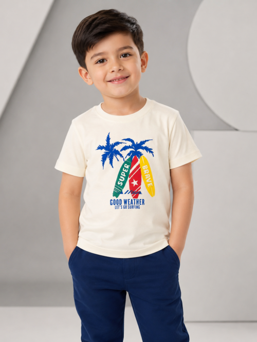Boys cream cotton surfing graphic t-shirt with colorful surfboards and palm tree print, soft summer half sleeves casual wear for kids and toddlers up to 5-6 years