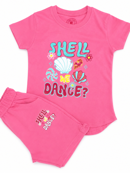 Cute pink girls summer t-shirt and shorts set with Shell We Dance print made with 100 percent cotton fabric