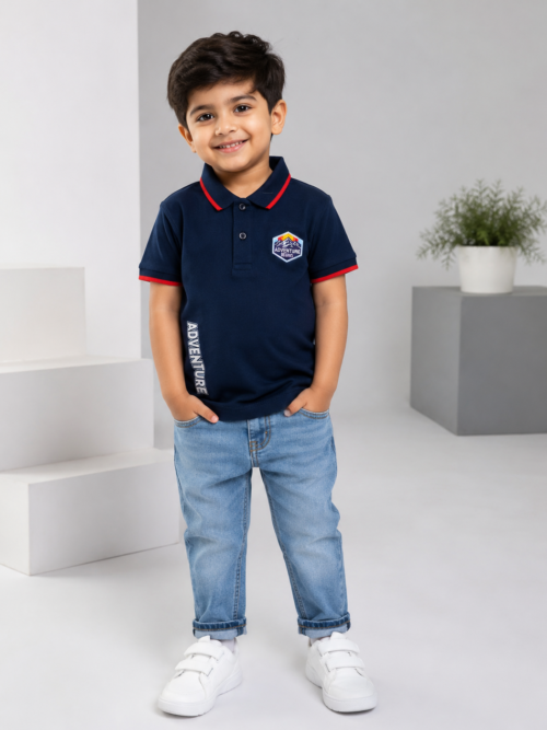 Kids navy blue polo shirt with red collar trim and Adventure print for boys summer wear in Pakistan