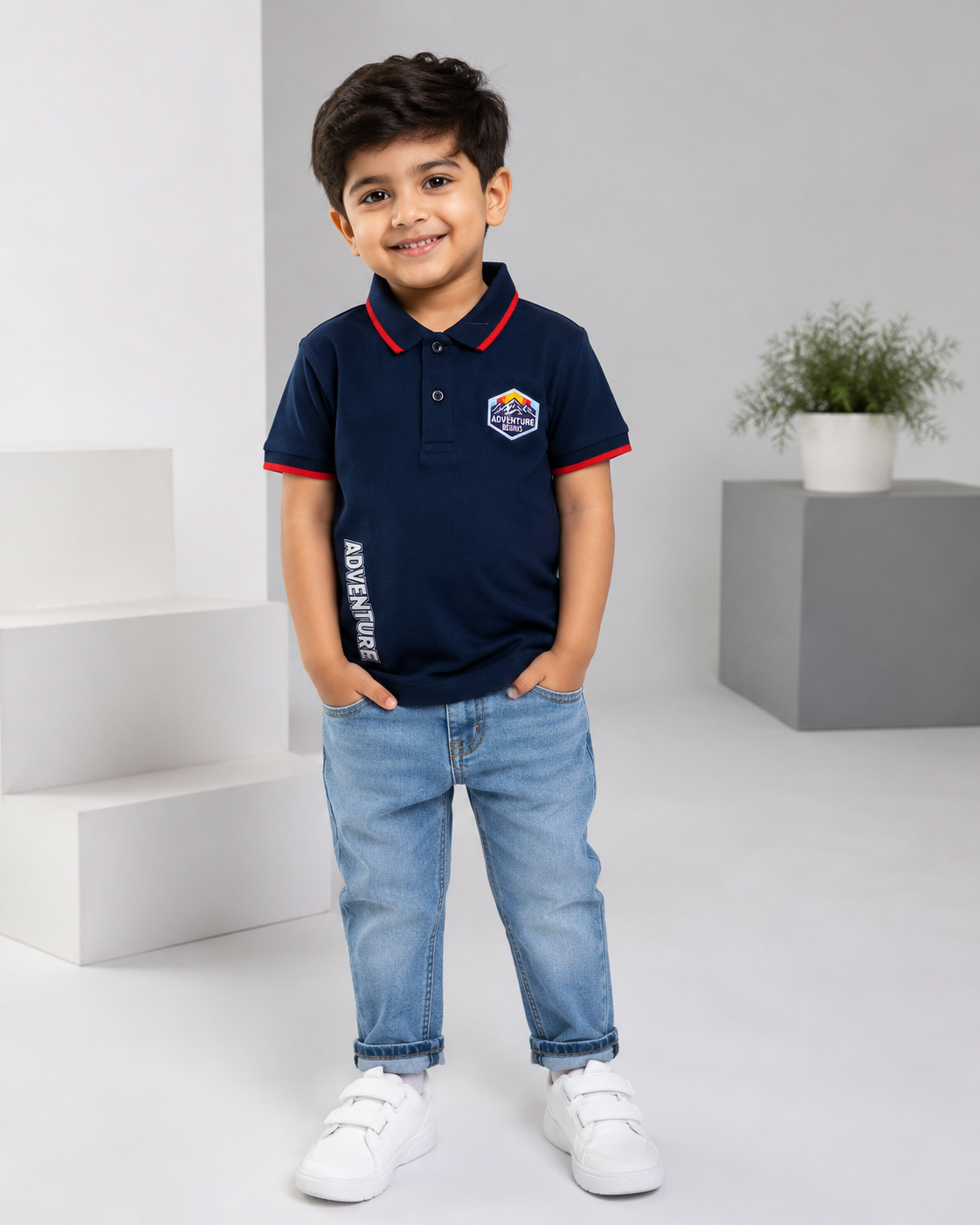 Kids navy blue polo shirt with red collar trim and Adventure print for boys summer wear in Pakistan
