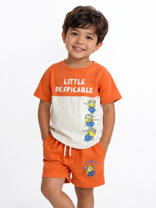 Little despicable kids t shirt and shorts set orange white cotton cartoon summer outfit