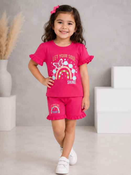 Cute little girl wearing pink rainbow print t-shirt with matching frill shorts in a cozy grey and white studio background, stylish cotton summer outfit for kids