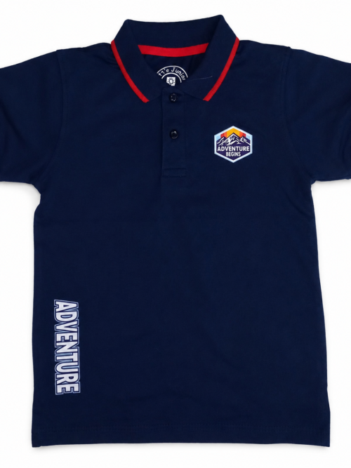 Kids navy blue polo shirt with red collar trim and Adventure print for boys summer wear in Pakistan