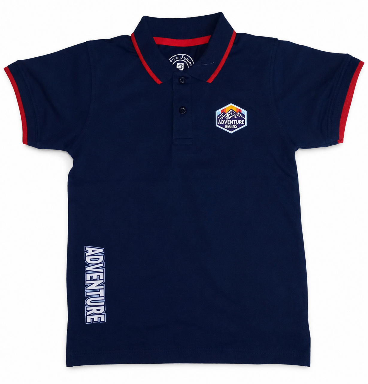 Kids navy blue polo shirt with red collar trim and Adventure print for boys summer wear in Pakistan