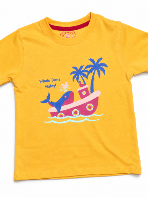 Kids yellow cotton t-shirt with whale and boat cartoon print
