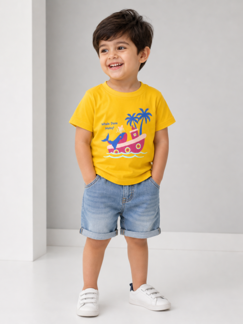 Kids yellow cotton t-shirt with whale and boat cartoon print