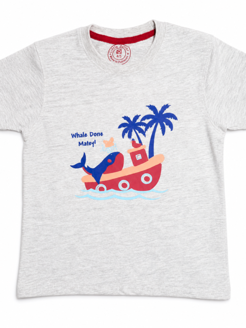 Kids grey cotton t-shirt with whale boat cartoon print