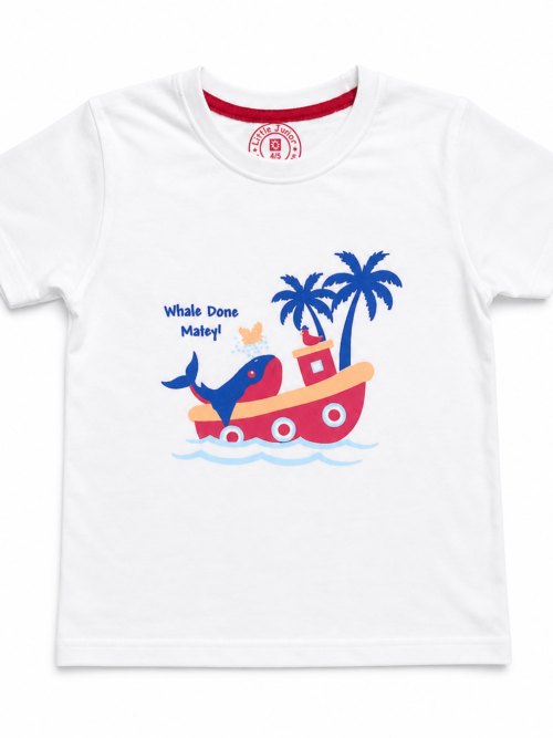 Kids white cotton t-shirt with whale and boat cartoon print