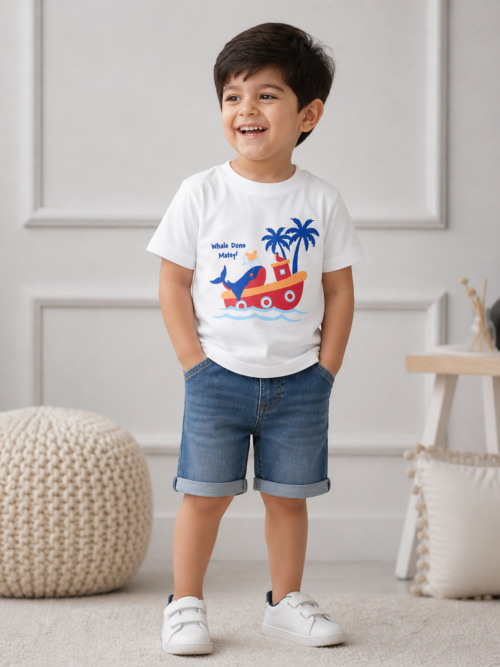 Kids white cotton t-shirt with whale and boat cartoon print