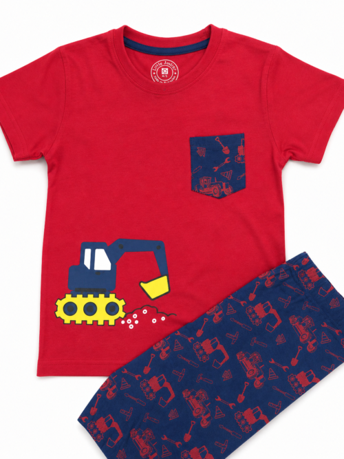 Kids red t-shirt with excavator print and navy printed shorts cotton set