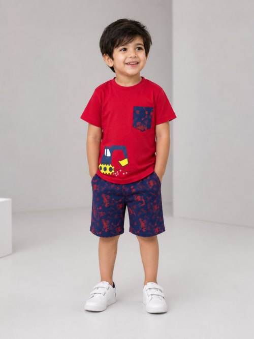 Kids red t-shirt with excavator print and navy printed shorts cotton set | Summer Sale