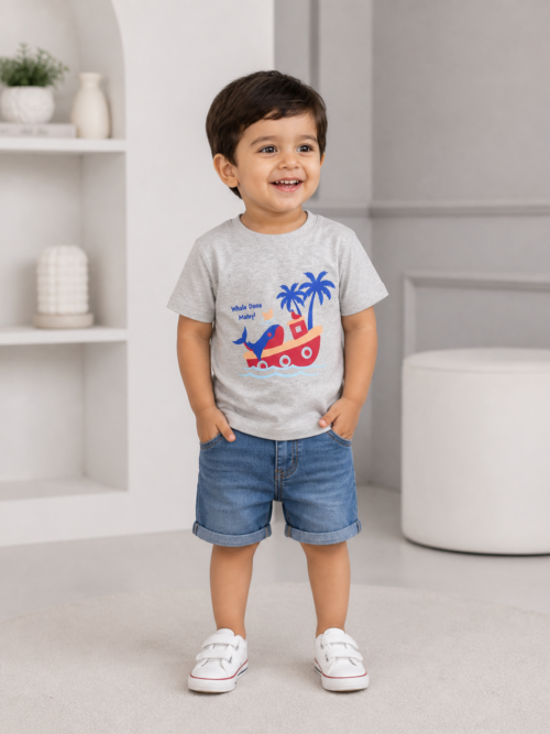 Kids grey cotton t-shirt with whale boat cartoon print