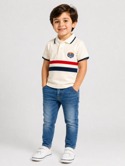 Light cream kids polo shirt with red and navy horizontal stripes, short sleeves, and a small “Adventure Begins” patch on the chest, displayed on a white background.
