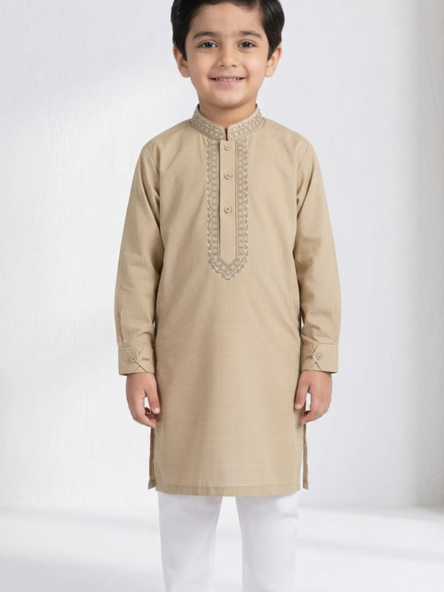 Beige cotton kurta for boys embroidered Pakistani kids traditional wear Bachaa Squad