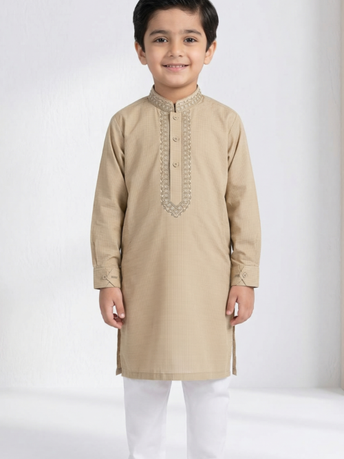Beige cotton kurta for boys embroidered Pakistani kids traditional wear Bachaa Squad