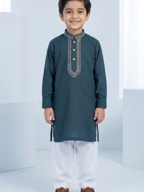Teal green cotton kurta for boys embroidered Pakistani kids ethnic wear Bachaa Squad