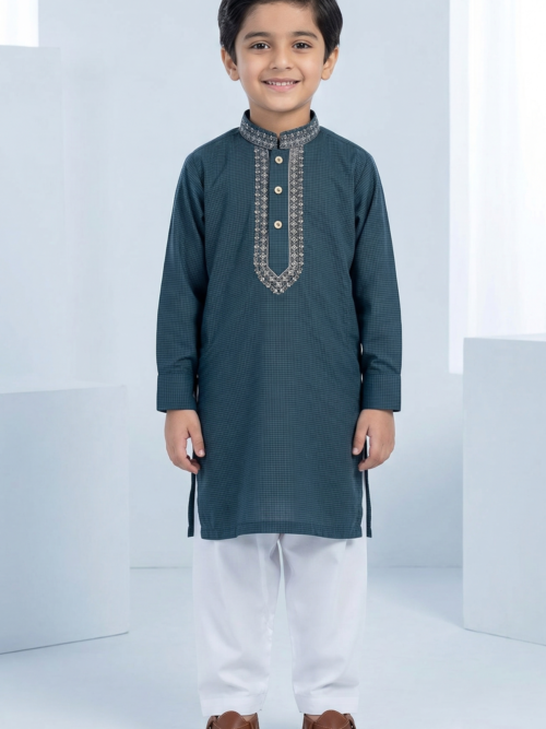 Teal green cotton kurta for boys embroidered Pakistani kids ethnic wear Bachaa Squad