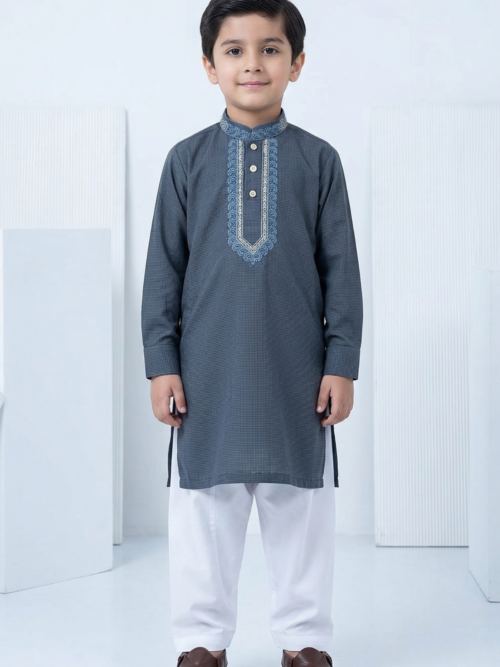 Steel grey kurta for boys embroidered cotton Pakistani kids outfit Bachaa Squad