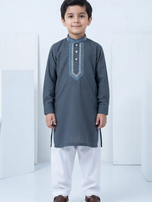 Steel grey kurta for boys embroidered cotton Pakistani kids outfit Bachaa Squad