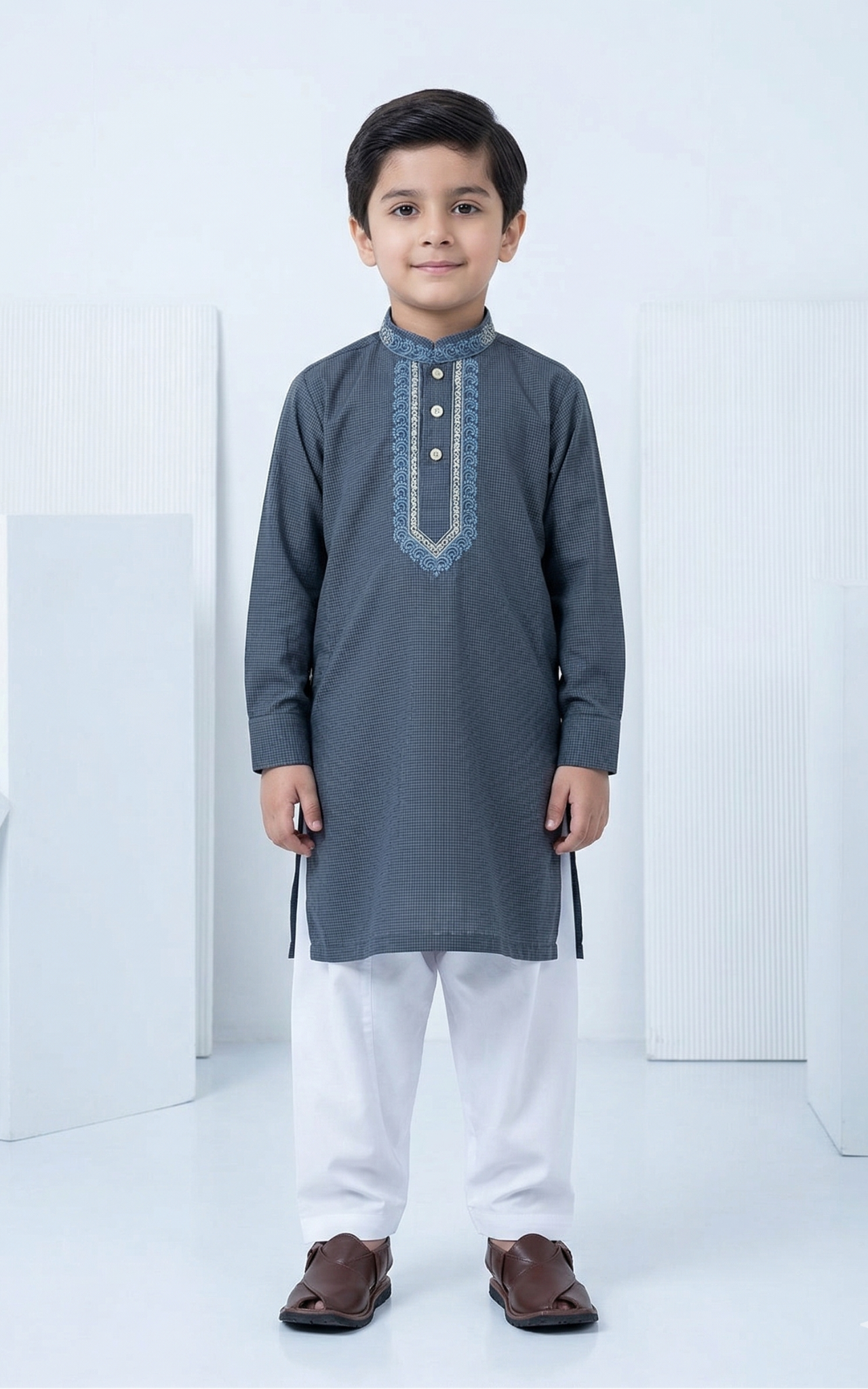 Steel grey kurta for boys embroidered cotton Pakistani kids outfit Bachaa Squad