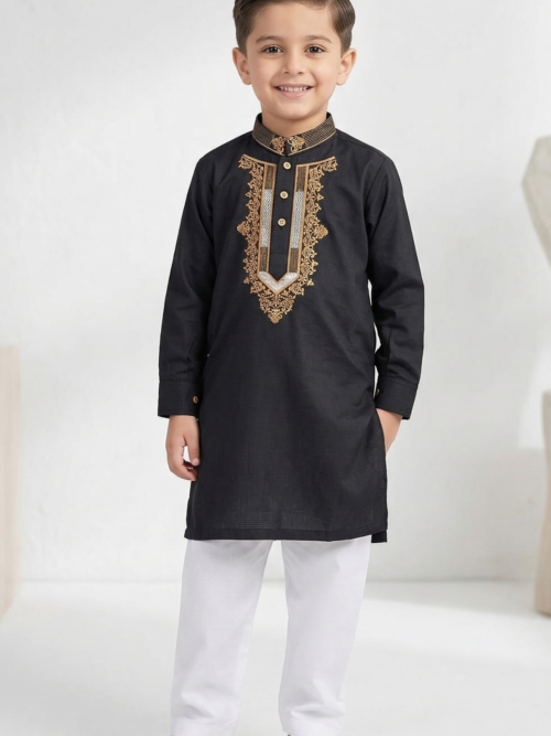 Black embroidered kurta for boys gold design cotton kids Pakistani festive outfit