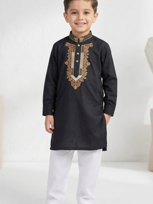 Black embroidered kurta for boys gold design cotton kids Pakistani festive outfit