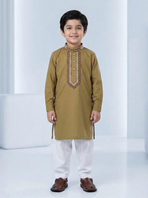 Mustard brown kurta for boys cotton embroidered kids Pakistani traditional outfit