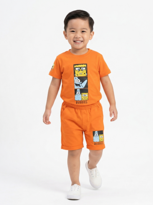 Orange kids t shirt and shorts set cartoon buddies cotton summer outfit Bachaa Squad Pakistan