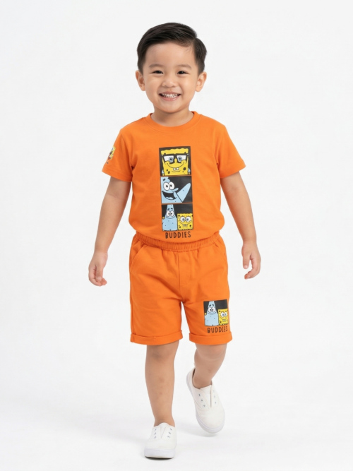 Orange kids t shirt and shorts set cartoon buddies cotton summer outfit Bachaa Squad Pakistan