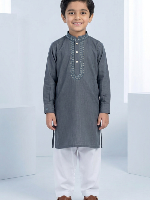 Kids charcoal grey embroidered kurta for boys cotton traditional wear Bachaa Squad Pakistan