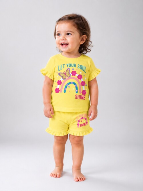 Toddler girl wearing yellow rainbow print t-shirt and matching shorts summer outfit